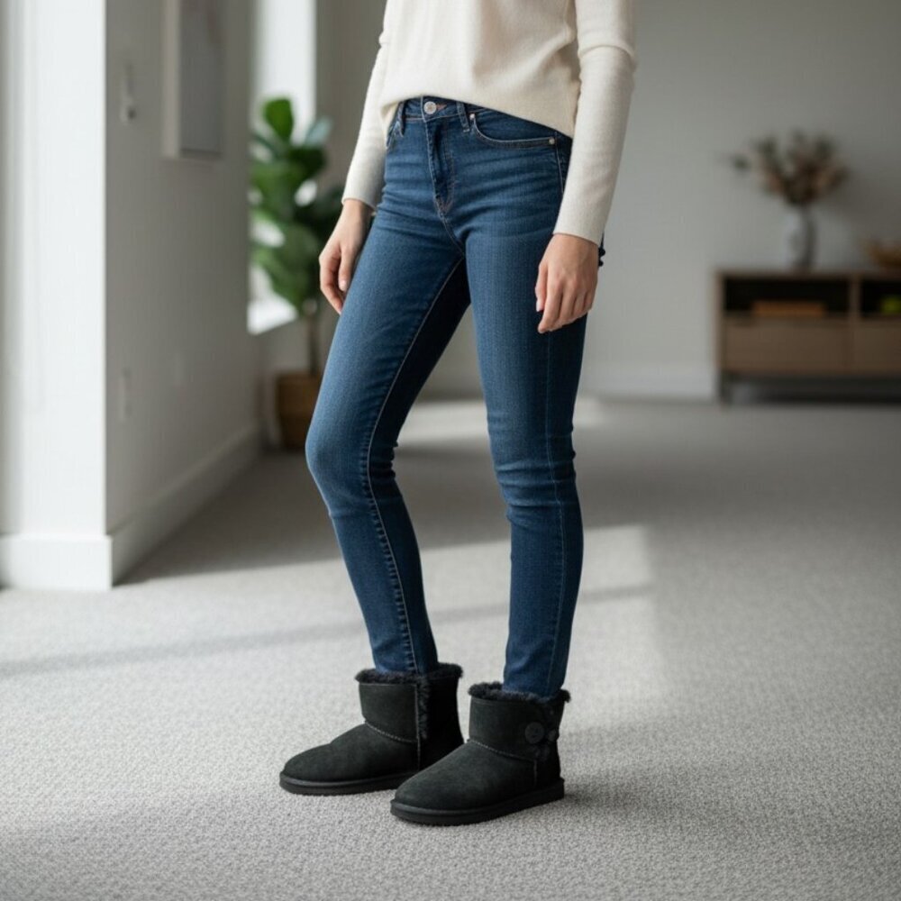 UGG Mini Bailey Button II Mid-Calf Boots -Sheepskin- Womens Size 8 Black 1016422